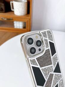 1pc Silver Mirror Finish Geometric Color Block Glitter Phone Case Compatible With IPhone 15 Pro Max - Multicolor - View 5