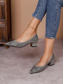 2024 New Fashion French Style Pointed Toe Chunky Heel Shoes With Full Rhinestones, Versatile And Elegant High-End Women's Shoes, Comfortable Shoes - Grey - View 1