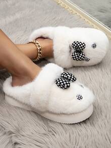 女式厚絨野外穿戴珍設計拖鞋,黑白格紋圖案和蝴蝶結裝飾,冬季加厚保暖,防滑室內鞋