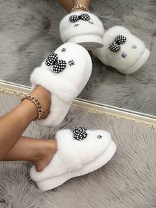 女式厚絨野外穿戴珍設計拖鞋,黑白格紋圖案和蝴蝶結裝飾,冬季加厚保暖,防滑室內鞋