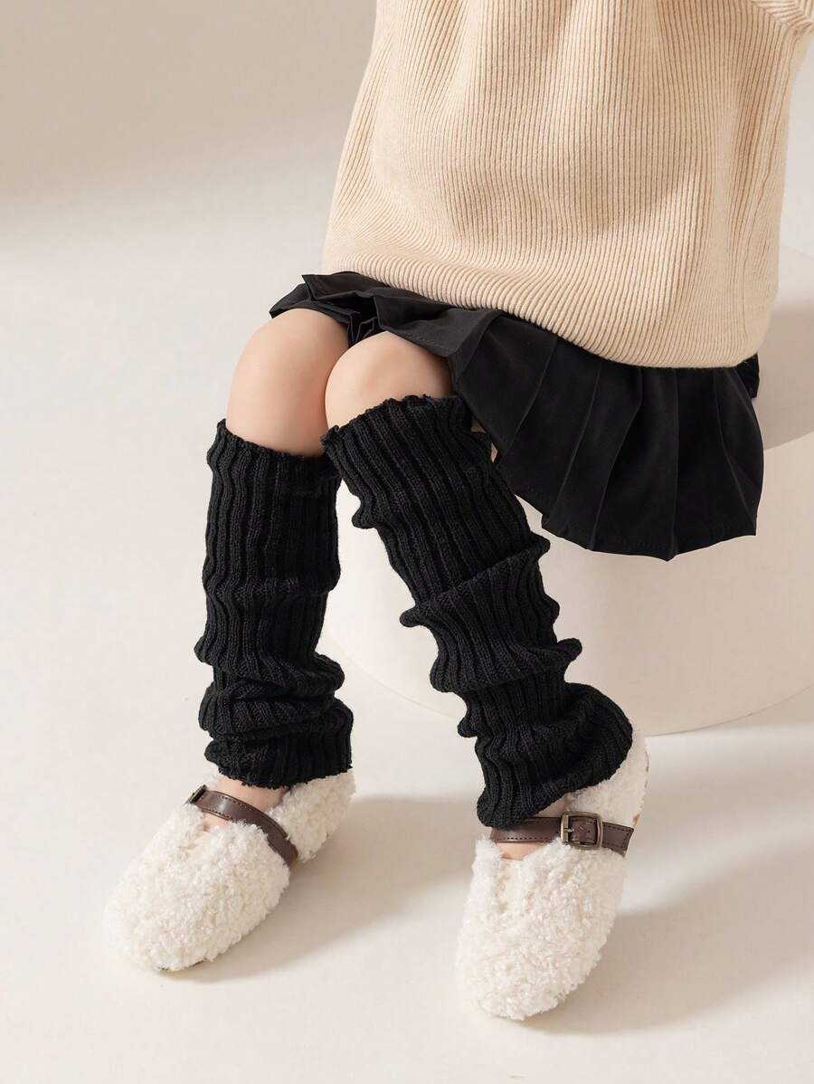 1pair Girls' Solid Color Leg Warmers For Spring And Autumn - Black - View 1