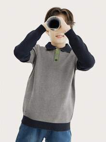 Áo len cổ bẻ phong cách đại học cổ điển màu sắc cho bé trai tuổi mới lớn mùa thu đông - Xám - Xem 2