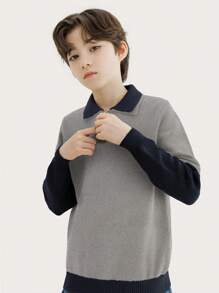 Áo len cổ bẻ phong cách đại học cổ điển màu sắc cho bé trai tuổi mới lớn mùa thu đông - Xám - Xem 1