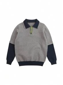 Áo len cổ bẻ phong cách đại học cổ điển màu sắc cho bé trai tuổi mới lớn mùa thu đông - Xám - Xem 4