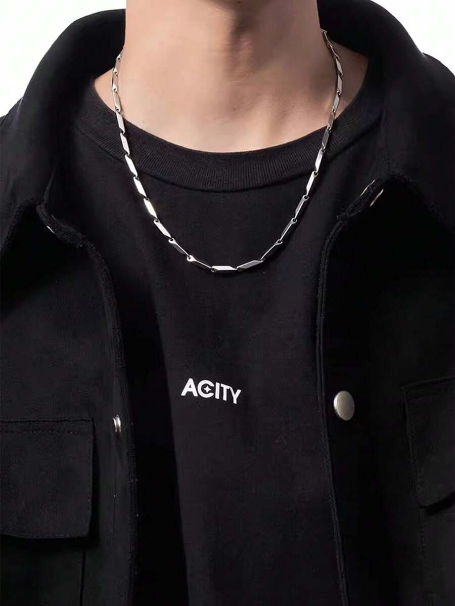 1pc Rough Titanium Steel Hexagon Grinding Men's Necklace, Thick Chain Necklace - Silver - View 1
