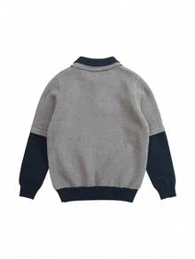 Áo len cổ bẻ phong cách đại học cổ điển màu sắc cho bé trai tuổi mới lớn mùa thu đông - Xám - Xem 5