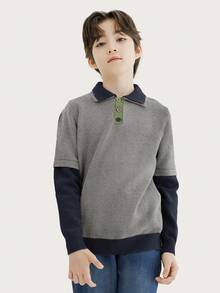 Áo len cổ bẻ phong cách đại học cổ điển màu sắc cho bé trai tuổi mới lớn mùa thu đông - Xám - Xem 3