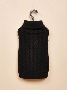 1pc Black European & American Style Pet Clothing Fashionable High Collar Solid Color Twisted Knit Teddy & Pomeranian Sweater - Black - View 7