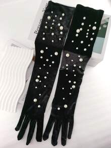 1對定制女士黑色絨面手套,配有珍珠釘和肘部長度,防風保暖,優雅時尚,適合秋冬日常穿著、派對和跳舞 - 黑色 - 查看 5