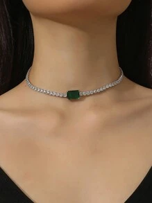 1pc Green Crystal & Cubic Zirconia Necklace, Simple Versatile Chic Accessory For Formal Occasion - Green - View 1
