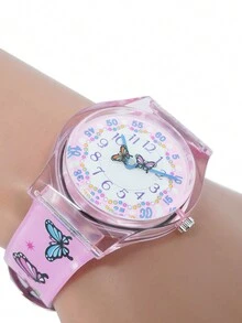 粉紅蝴蝶、透明果凍和半透明粉紅防水石英卡通兒童手錶,女孩腕錶