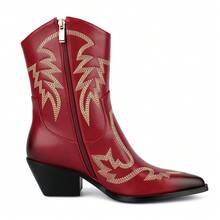 WETKISS Embroidered Cowboy Boots for Women, Ankle Cowgirl Boots with Pointed Toe, Side Zipper and Chunky Heel Design - Đỏ - Xem 4