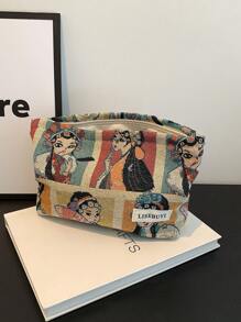 Bolsa de maquillaje vintage con estampado de niña de dibujos animados en lino jacquard, neceser de cosméticos portátil de gran capacidad para mujer, bolsa de aseo de viaje con cremallera para almacenamiento - Multicolor - Ver 7
