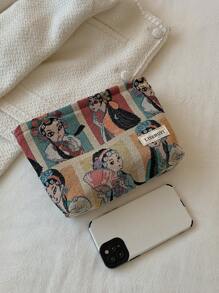 Bolsa de maquillaje vintage con estampado de niña de dibujos animados en lino jacquard, neceser de cosméticos portátil de gran capacidad para mujer, bolsa de aseo de viaje con cremallera para almacenamiento - Multicolor - Ver 9