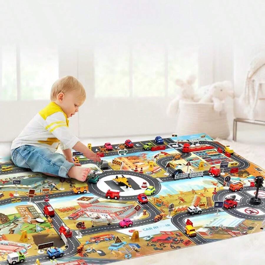 1入兒童汽車玩具城市建設地帶交通停車遊戲地圖玩具，室內/室外活動地毯，最佳兒童禮物，戶外野餐地墊，校園、學生、文具、學校用品 - 黃色 - 查看 1