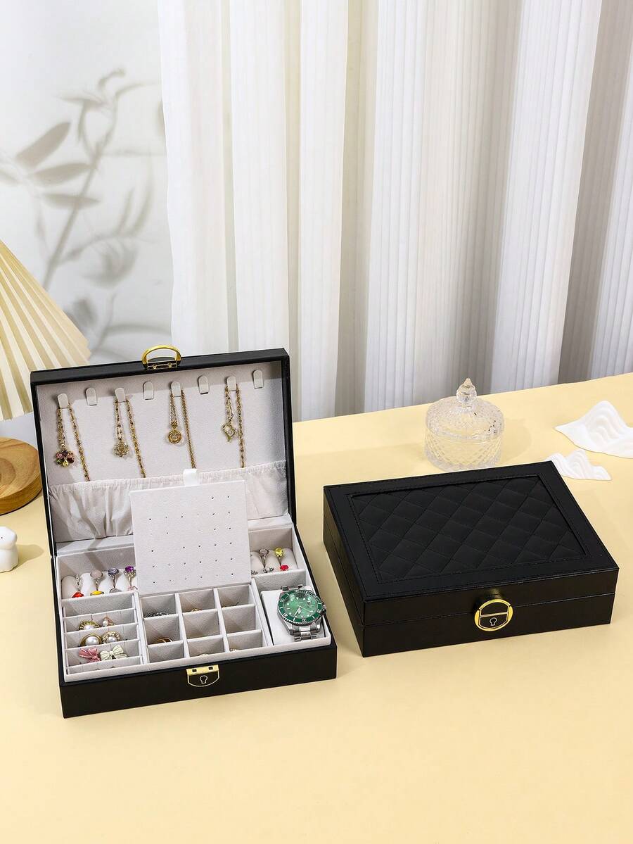 Luxury Rhombic Grid Single Layer Jewelry Box - Black - View 1