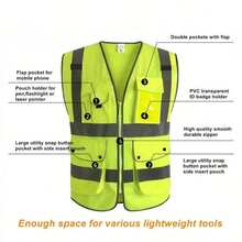 1件高可見性用于安全的反光背心,反光服裝多口袋設計,用於交通建設、夜光服裝、夜間騎行外套 - 黃色 - 查看 5