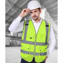 1件高可見性用于安全的反光背心,反光服裝多口袋設計,用於交通建設、夜光服裝、夜間騎行外套 - 黃色 - 查看 2