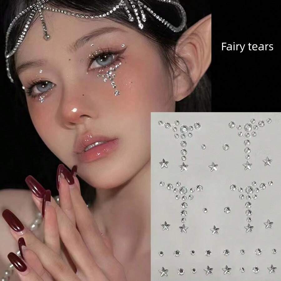 1pc Randomly Selected Eye Makeup Adhesive Sticker Decorated With Rhinestones, Tears And Pearls Halloween