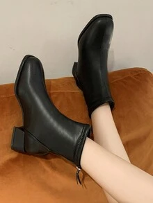 2023 Autumn & Winter New Arrival Women's Fashionable British Style Slim Square Toe Short Booties With Thick Heel, Plush Lined - Black - View 4