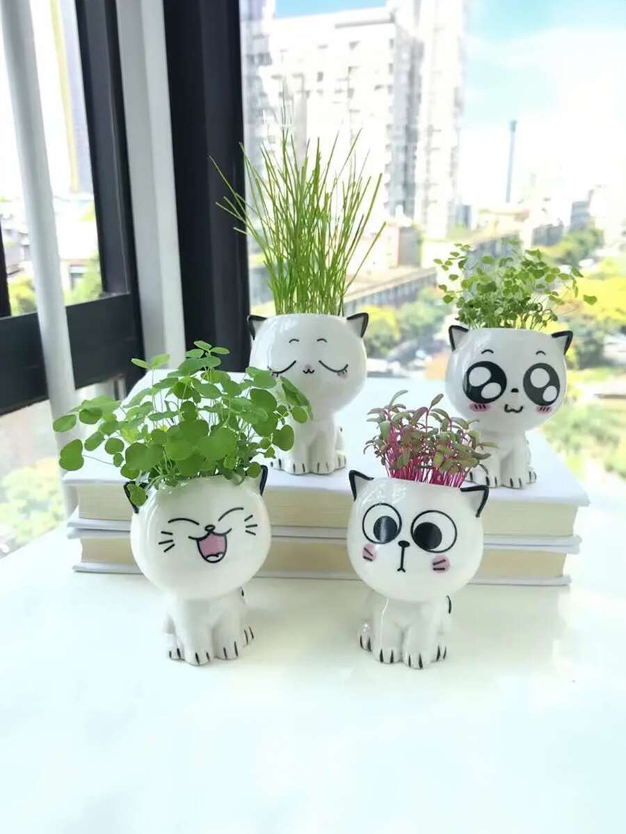 1 st mini keramisk blomkruka (frö ingår ej), miniatyr kattfigur, trädgårdsdekor för utomhusbruk, DIY skrivbordsprydnad - A - Visa 1