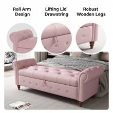 LUCKHAO 63" Tufted Storage Bench For Bedroom End Of Bed,Upholstered Storage Ottoman Bench ,Rolled Arm Window Bench Seatwith With Solid Wood Legs - Pink - View 4