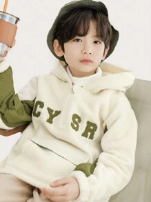 Tween Boys' Casual Half Zip Hooded Pullover Sweatshirt With Embroidered Letter, Colorblock & Thermal Lined , Winter