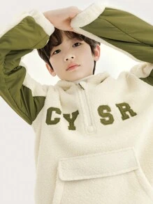 Tween Boys' Casual Half Zip Hooded Pullover Sweatshirt With Embroidered Letter, Colorblock & Thermal Lined , Winter