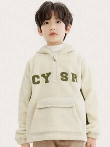 Tween Boys' Casual Half Zip Hooded Pullover Sweatshirt With Embroidered Letter, Colorblock & Thermal Lined , Winter