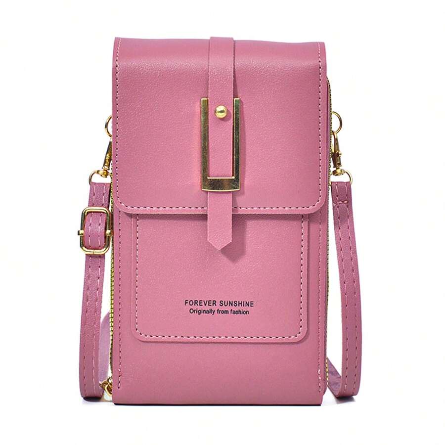 新款女性垂直的拉鍊皮夾手機包系列斜肩包單肩包 - 粉色 - 查看 1