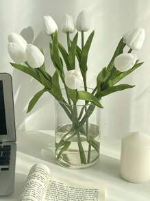 6pcs White Mini Tulip Artificial Flowers, Nordic Style Wedding & Home Decor Fake Flowers - White - View 1