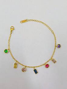 1入組金色歐美風格發亮的彩色流蘇項鍊/手鍊,18K鍍金鈦鋼充分鑽頭鎖骨鏈條適合女士 - 金色 - 查看 3