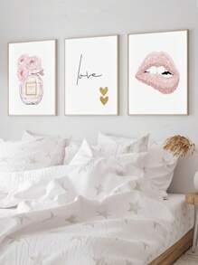 3入組粉色嘴唇花卉香水時尚畫作海報佈滿帆布印刷現代化妝美容沙龍牆壁圖片適用於女孩房,臥室,家居裝飾 - 杏色 - 查看 2