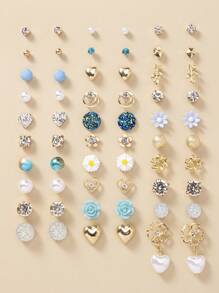 30 cặp/bộ Thời trang Khối Zirconia  , Ngọc trai Giả , Hình vẽ trái tâm , Kim loại , Hoa , Thiết kế hình học Bông tai stud Đối với phụ nữ , Mặc hàng ngày Và Quà tặng lễ hội , Phụ kiện trang sức - Vàng - Xem 18