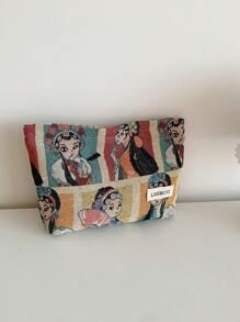 Bolsa de maquillaje vintage con estampado de niña de dibujos animados en lino jacquard, neceser de cosméticos portátil de gran capacidad para mujer, bolsa de aseo de viaje con cremallera para almacenamiento - Multicolor - Ver 3