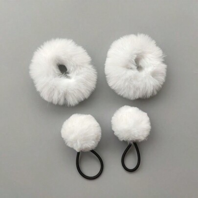 4pcs/Set Women's White Fluffy Hair Ties For Daily Wear, Hair Accessories Cute Ponytail Holders Hair Elastics Hair Rubber Bands Scrunchies Hair Rope Elastic Hair Tie, Hair Bobbles