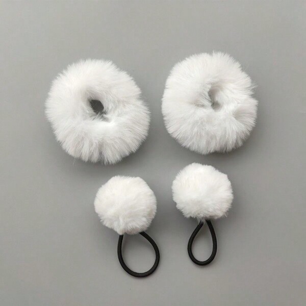 4pcs/Set Women's White Fluffy Hair Ties For Daily Wear, Hair Accessories Cute Ponytail Holders Hair Elastics Hair Rubber Bands Scrunchies Hair Rope Elastic Hair Tie, Hair Bobbles
