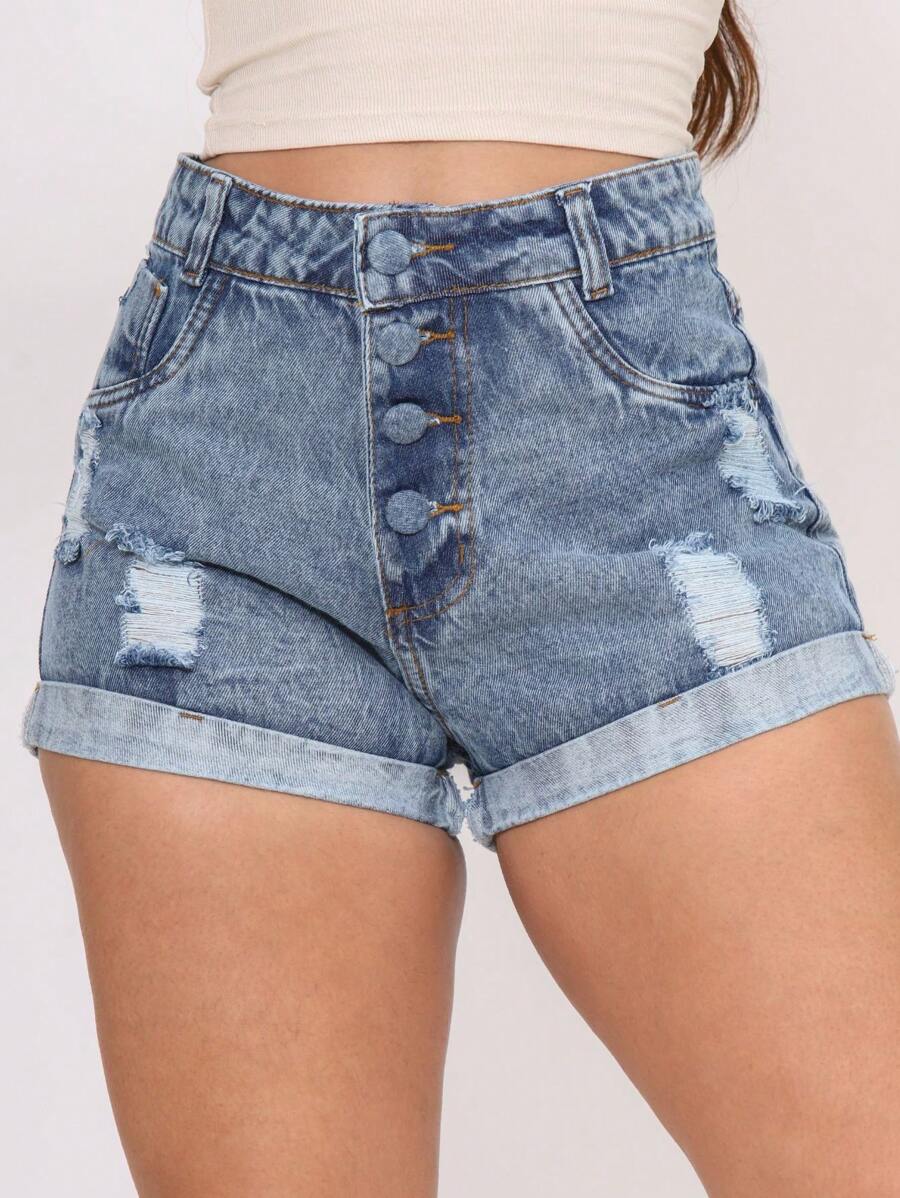 Women Denim Shorts - 中等水洗藍 - 查看 1