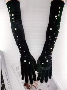 1對定制女士黑色絨面手套,配有珍珠釘和肘部長度,防風保暖,優雅時尚,適合秋冬日常穿著、派對和跳舞 - 黑色 - 查看 1