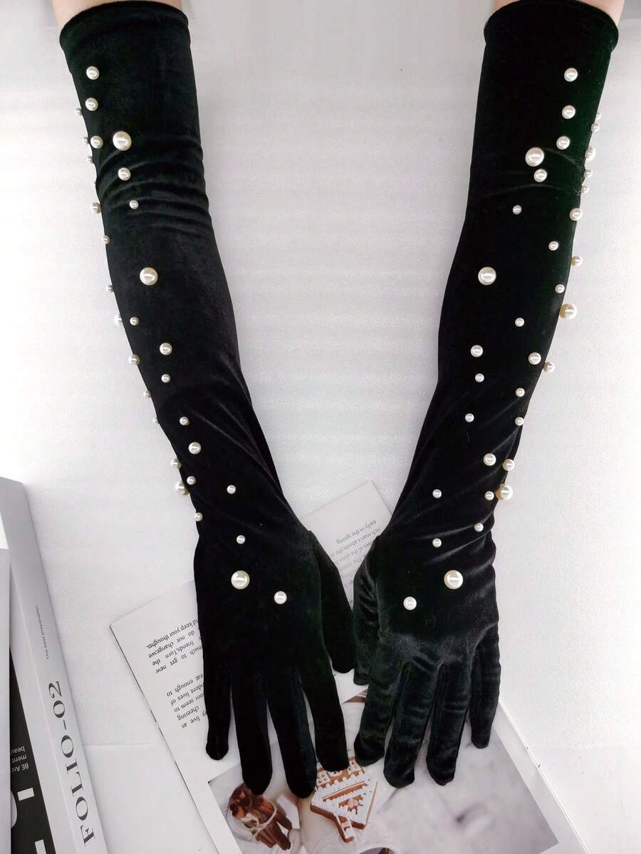 1對定制女士黑色絨面手套,配有珍珠釘和肘部長度,防風保暖,優雅時尚,適合秋冬日常穿著、派對和跳舞 - 黑色 - 查看 1