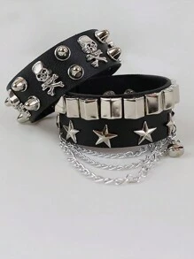 2 chiếc/bộ vòng tay đinh tán bằng kim loại PU phong cách Halloween Punk Gothic Vòng tay bện bằng da Rock Vòng tay giả da cho nam Vòng tay Viking Gothic Vòng tay có thể điều chỉnh màu đen Chuỗi trang phục hóa trang cho nam, nam, cặp đôi - màu đen - Xem 3