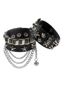 2 chiếc/bộ vòng tay đinh tán bằng kim loại PU phong cách Halloween Punk Gothic Vòng tay bện bằng da Rock Vòng tay giả da cho nam Vòng tay Viking Gothic Vòng tay có thể điều chỉnh màu đen Chuỗi trang phục hóa trang cho nam, nam, cặp đôi - màu đen - Xem 1
