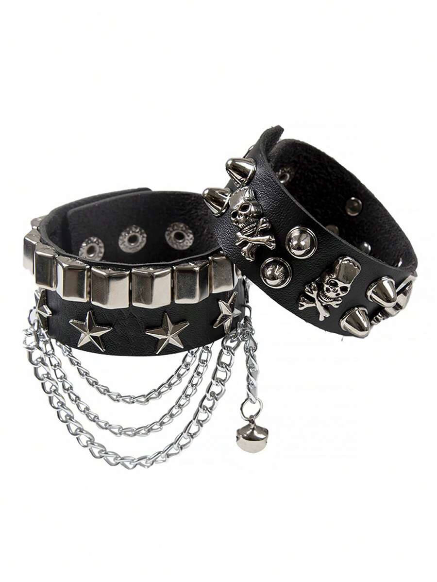 2 chiếc/bộ vòng tay đinh tán bằng kim loại PU phong cách Halloween Punk Gothic Vòng tay bện bằng da Rock Vòng tay giả da cho nam Vòng tay Viking Gothic Vòng tay có thể điều chỉnh màu đen Chuỗi trang phục hóa trang cho nam, nam, cặp đôi - màu đen - Xem 1