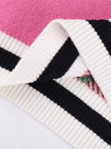 Annil 少女春秋時尚抽象對比色V領無袖背心毛衣 - 粉色 - 查看 5