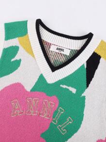 Annil 少女春秋時尚抽象對比色V領無袖背心毛衣 - 粉色 - 查看 4