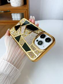 1入組金色鏡面幾何拼貼鑲嵌鑽石手機殼,兼容iphone 15 Pro Max - 金色 - 查看 4