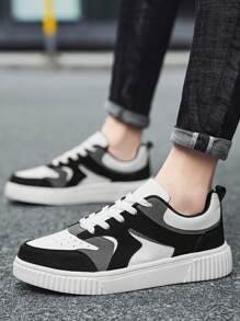 Men's Slip-resistant, Color-blocked Shoelace Sports Shoes With Embossed Pattern, For Outdoor Sports And Skateboarding