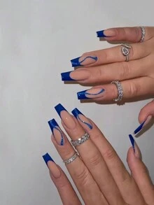 24pcs Long Blue French S Curve Glitter Gradient Style Square Tip Nail With Jelly Gum & Nail File Set - Multicolor - View 1
