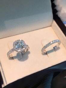 2 piezas/set Caja de regalo aleación de zinc forma cuadrada con diamante de imitación anillos de boda con embalaje - Plateado - Ver 6