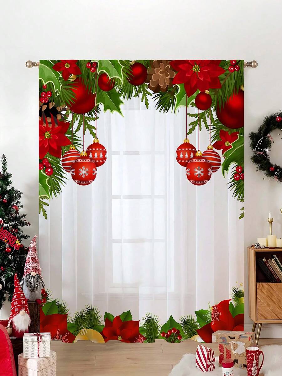 1 件圣诞装饰薄纱窗帘，半透明冷杉树枝气球装饰，适用于客厅、卧室、儿童房，带杆袋的圣诞窗帘，适合家居装饰